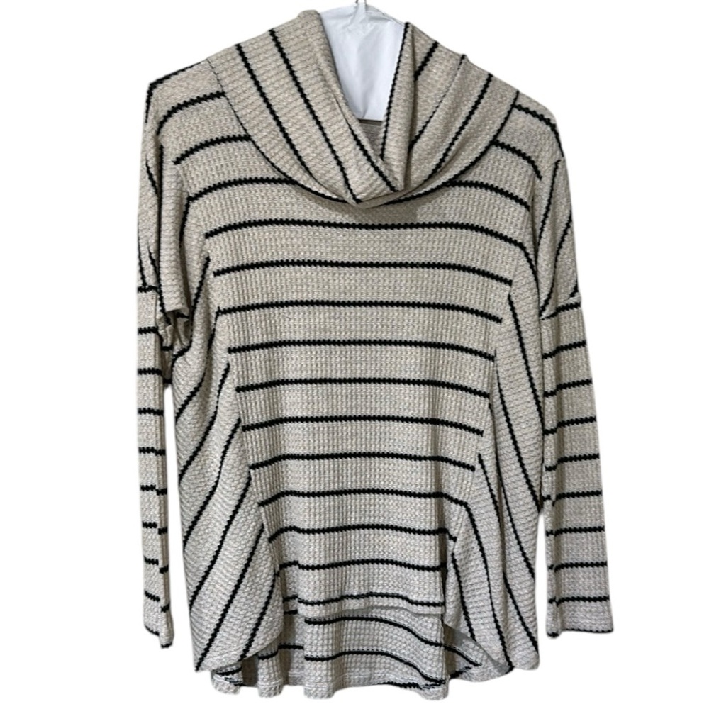 Cowl neck thermal knit black and cream top with stripe pattern